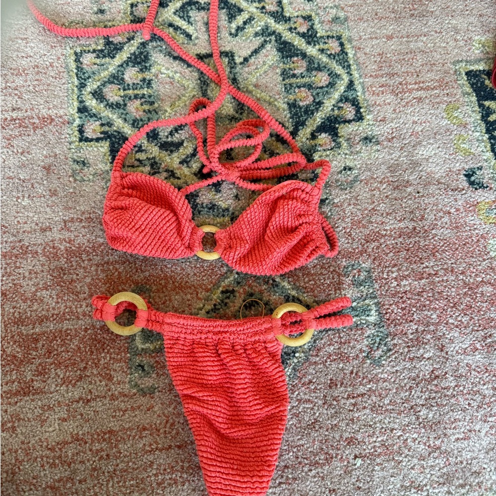 Red and Pink Bikini with Halter Top and Ring Accents